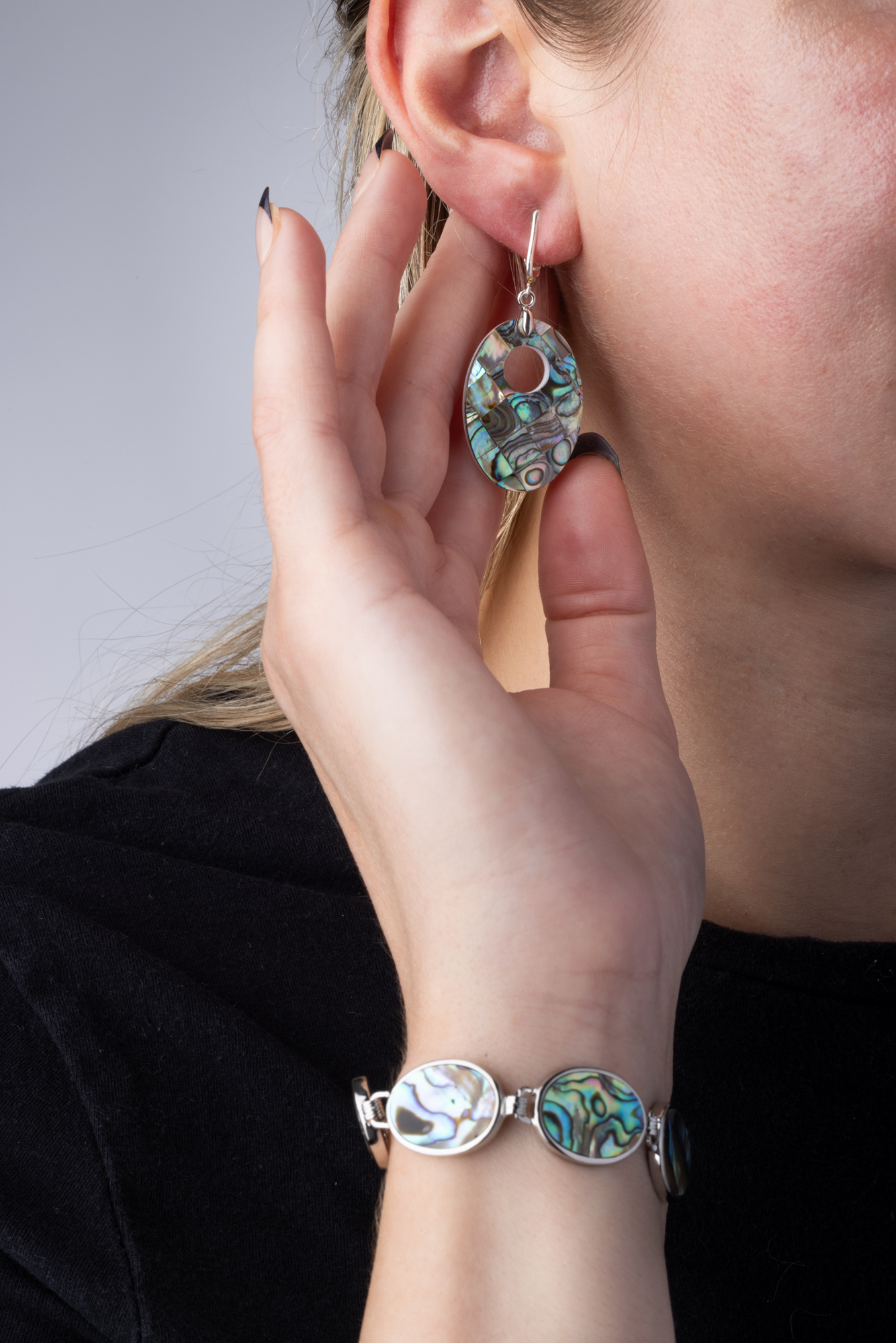 Oval Abalone Paua Bracelet and Clip On Dangling Earrings Set