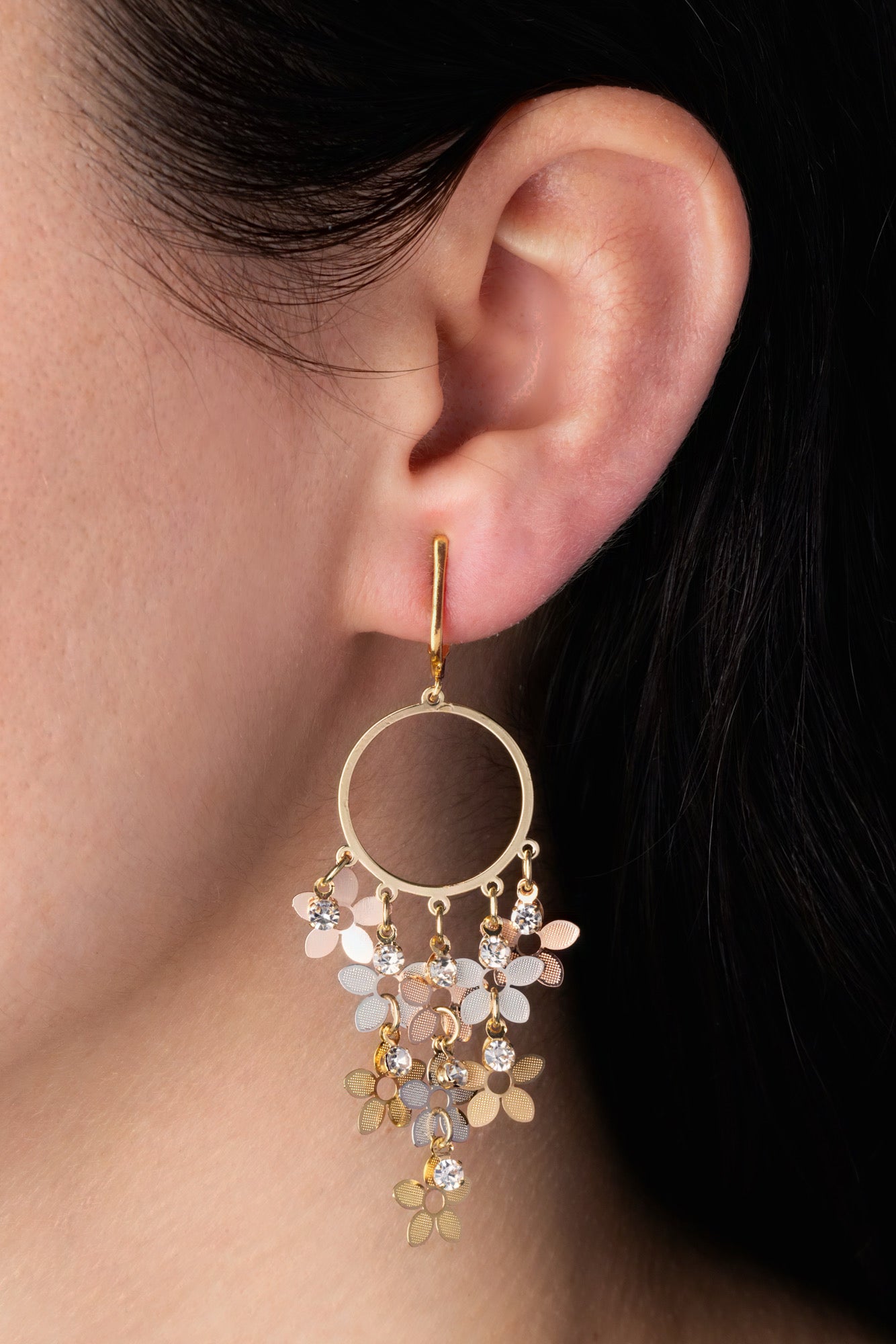 Gold Multi Daisies Clip On Dangling Earrings