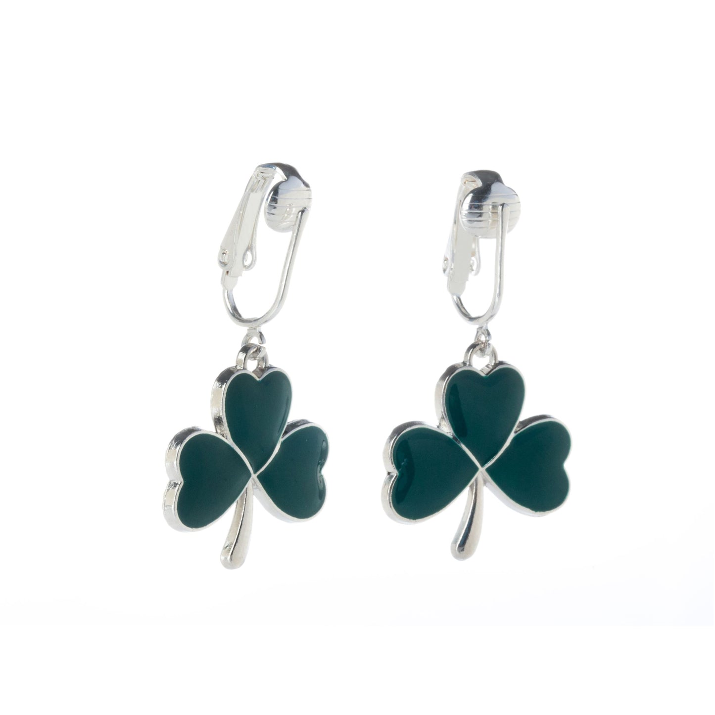 Green Irish Lucky Clover Clip On Dangling Earrings