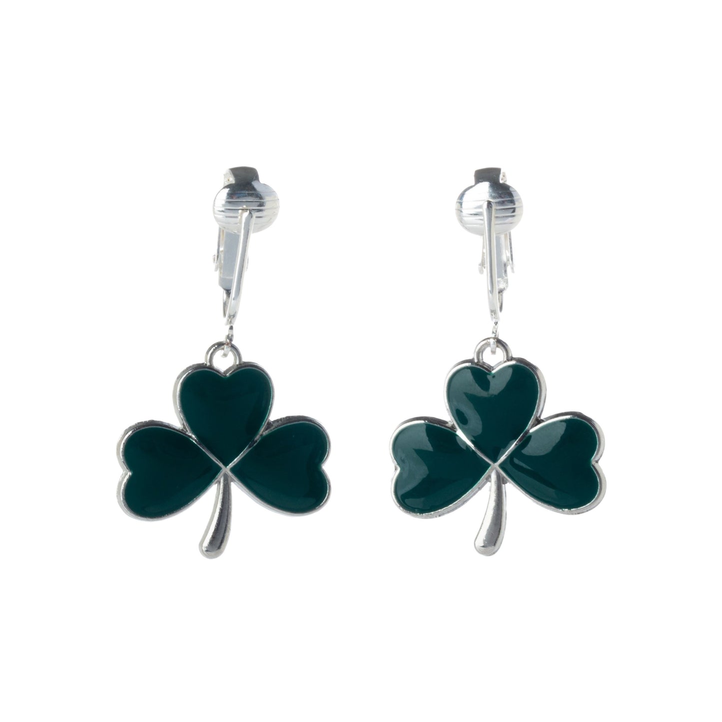 Green Irish Lucky Clover Clip On Dangling Earrings