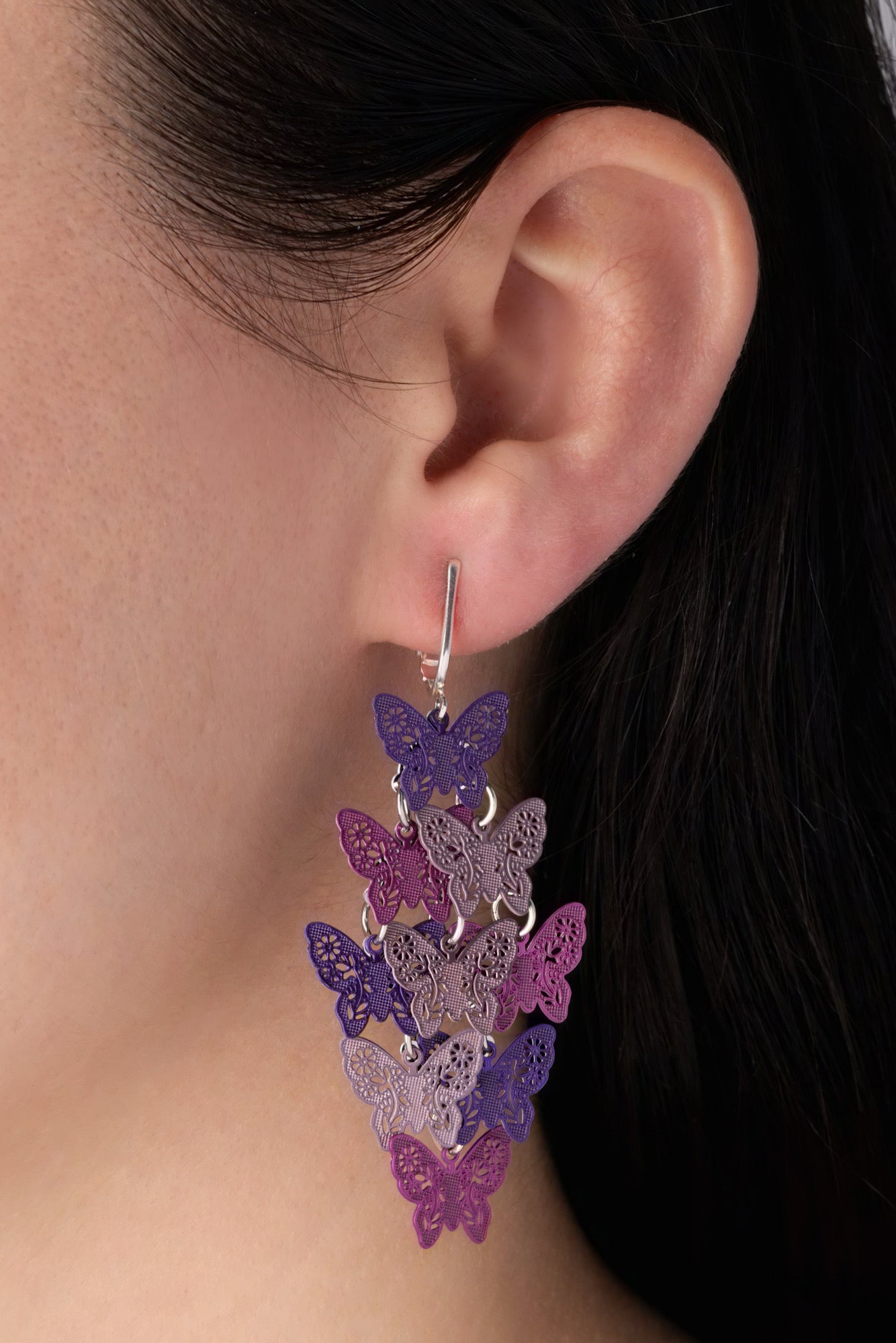 Purple Layered Butterfly Clip On Dangling Earrings