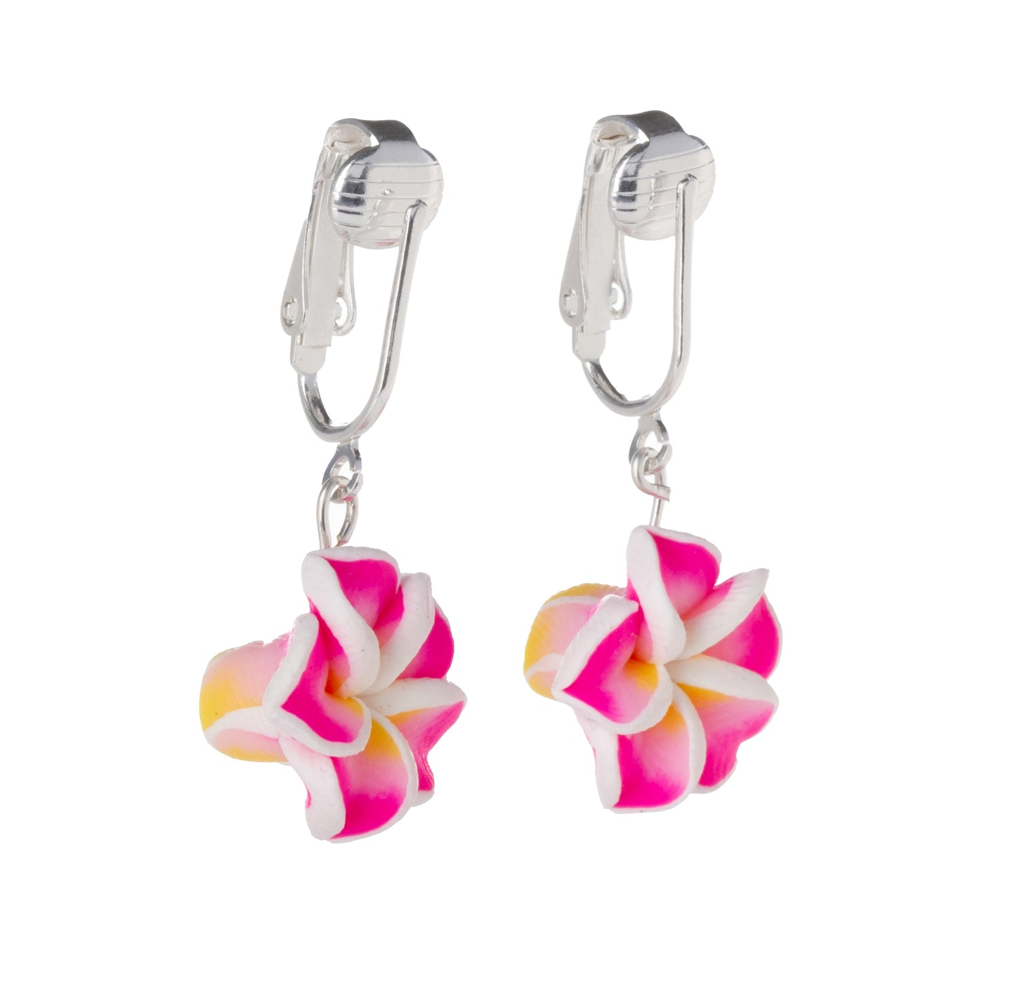 Small Pink Plumeria Flower Clip On Dangling Earrings