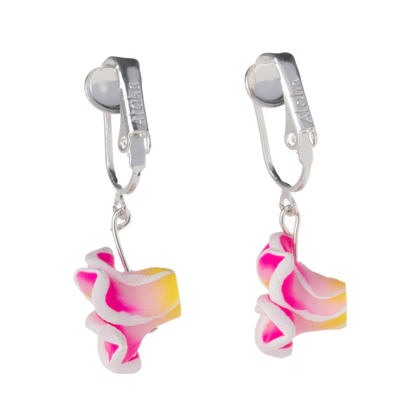 Small Pink Plumeria Flower Clip On Dangling Earrings