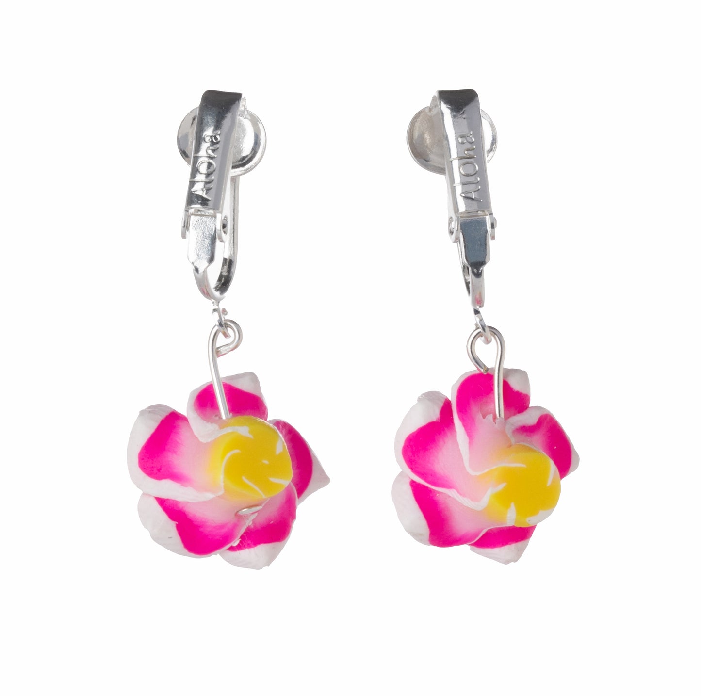 Small Pink Plumeria Flower Clip On Dangling Earrings