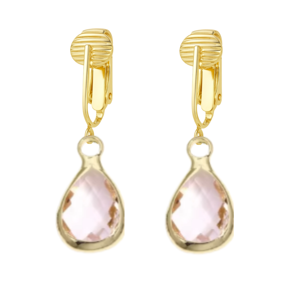 Gold Teardrop Birthstone Clip On Dangling Earrings