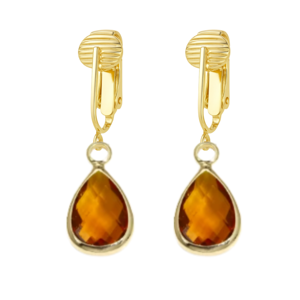 Gold Teardrop Birthstone Clip On Dangling Earrings