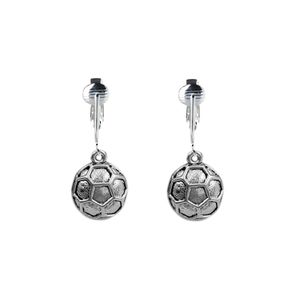 Silver Soccer Ball Clip On Dangling Earrings