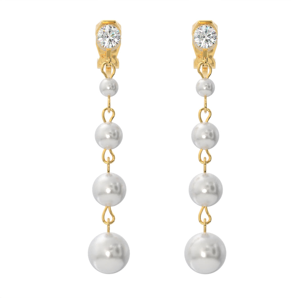 Gold Crystal with Simulated Pearl Drops Clip On Dangling Earrings
