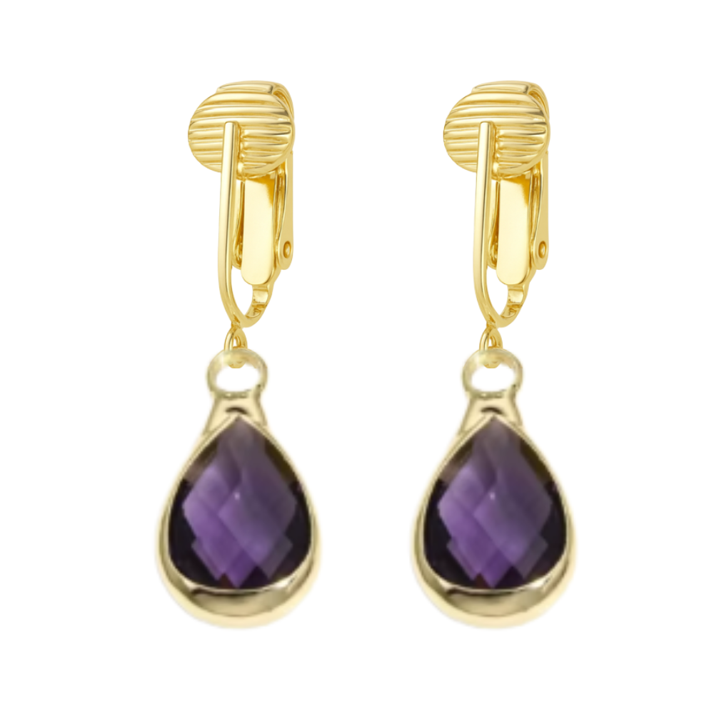 Gold Teardrop Birthstone Clip On Dangling Earrings