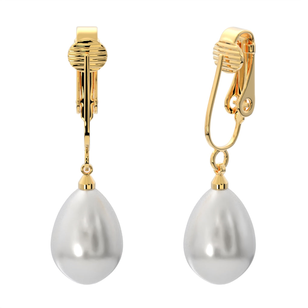 Gold Teardrop Shaped Simulated Freshwater Pearl Clip On Dangling Earrings
