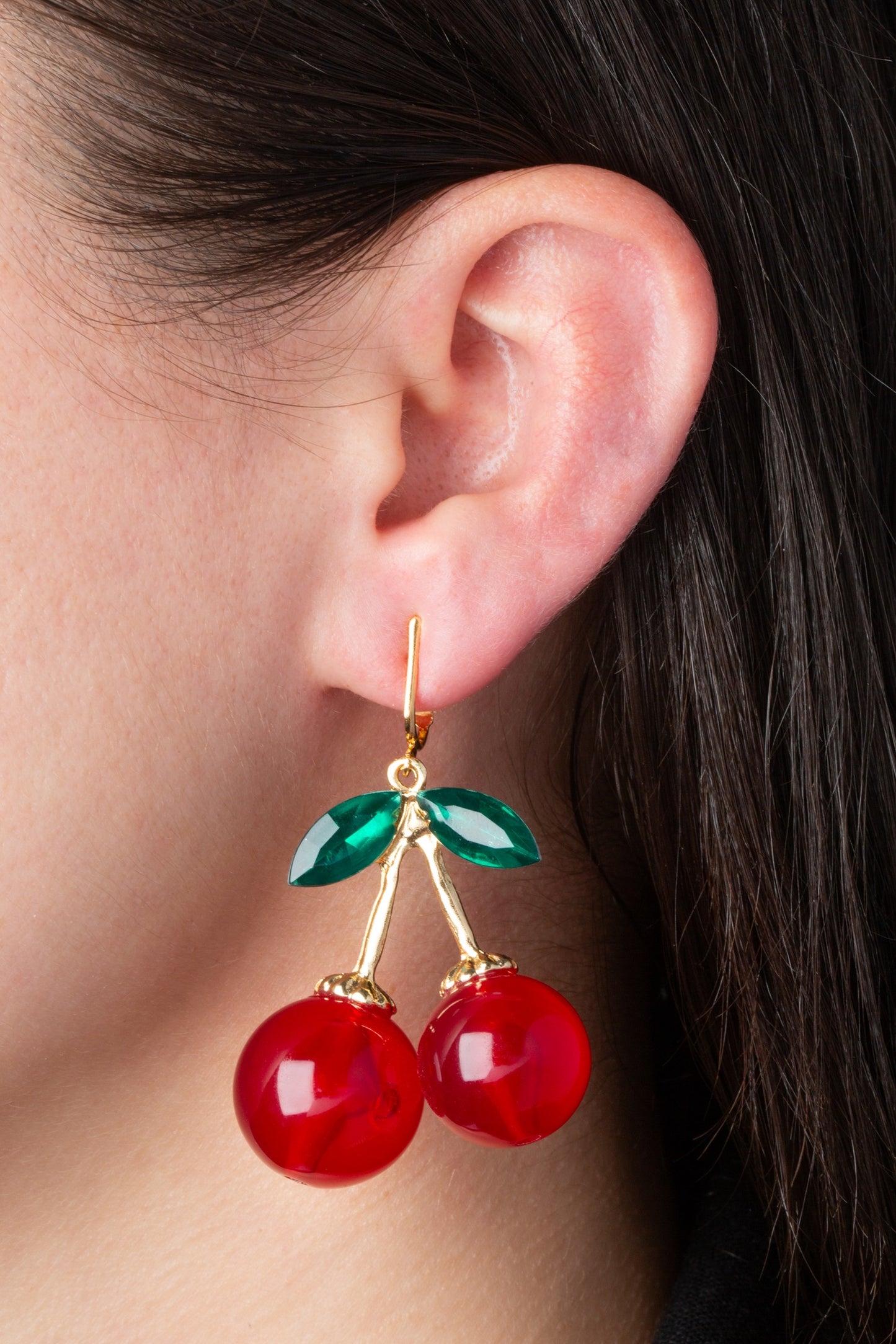 Gold Cherry Clip On Dangling Earrings