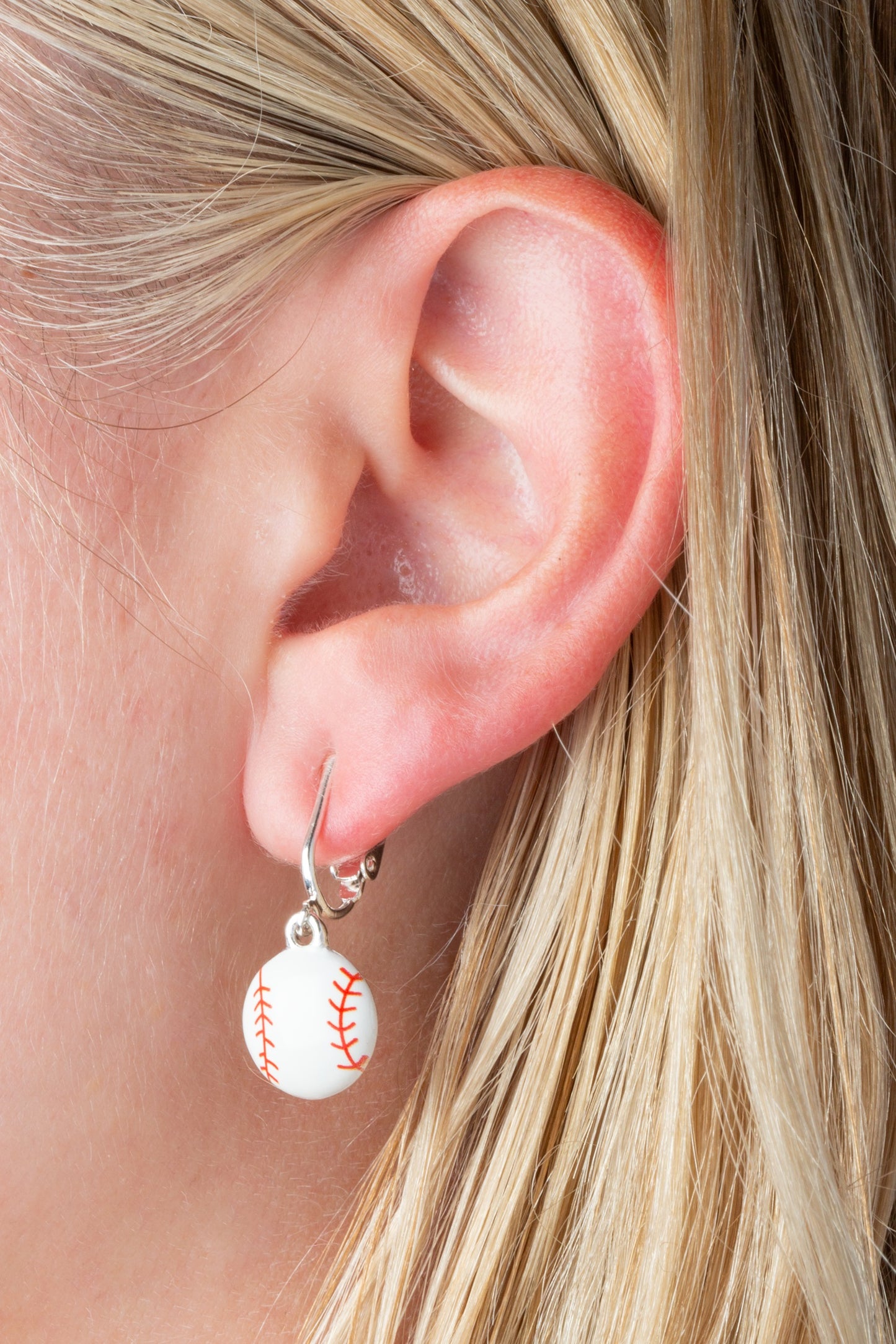 Baseball Silver Clip On Dangling Earrings