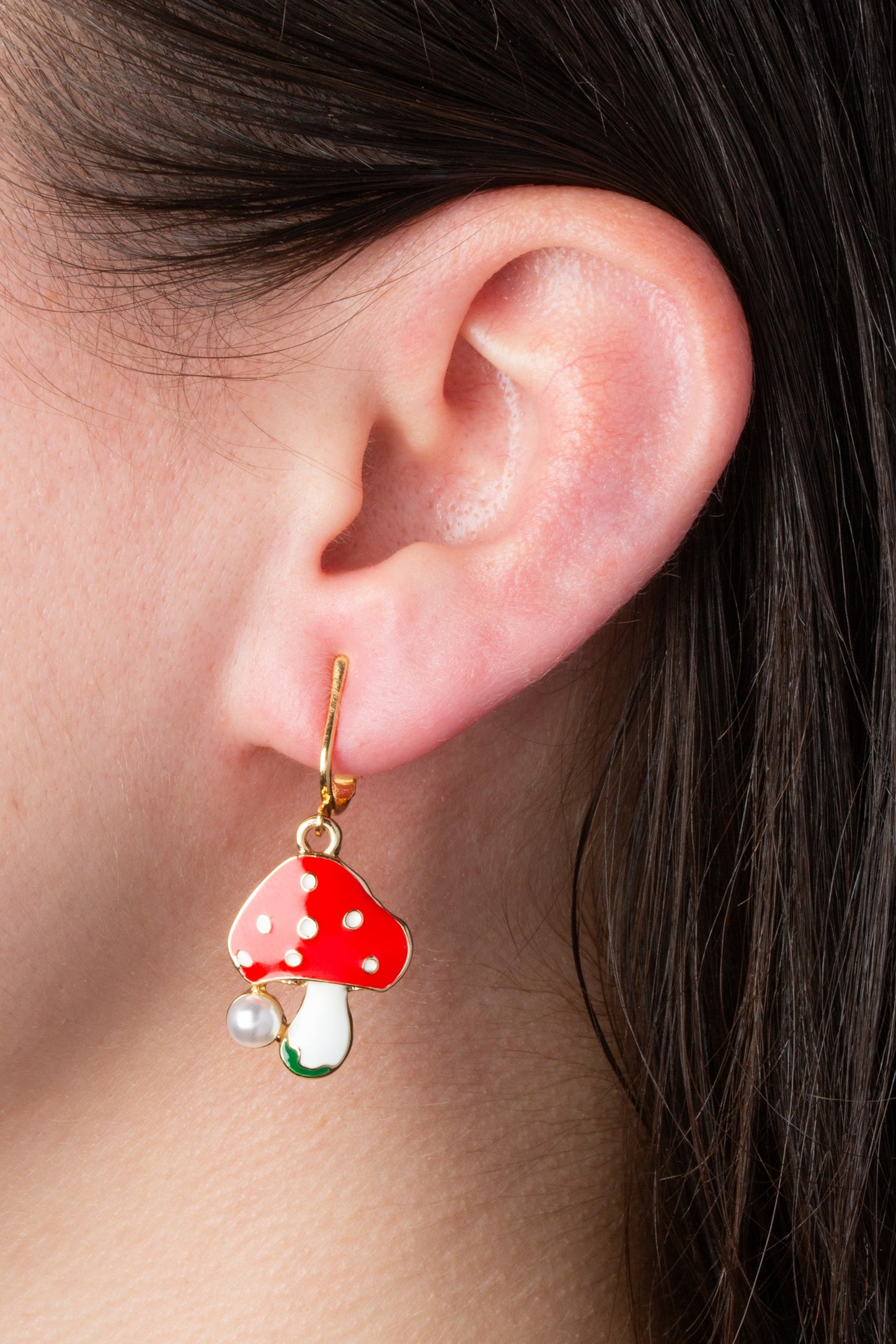 Red Mushroom with Simulated Pearl Gold Clip On Dangling Earrings