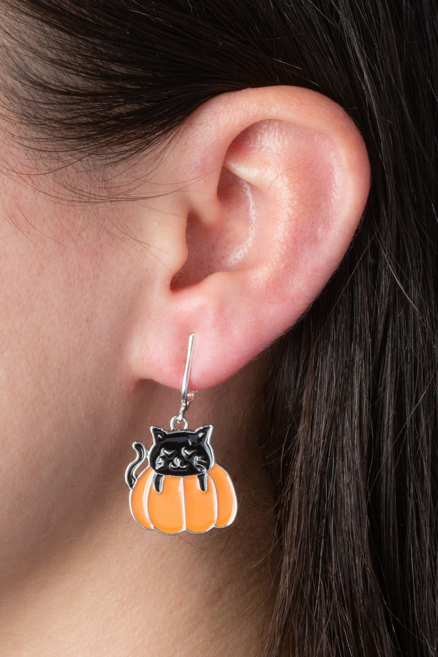 Black Cat in Pumpkin Silver Clip On Dangling Earrings