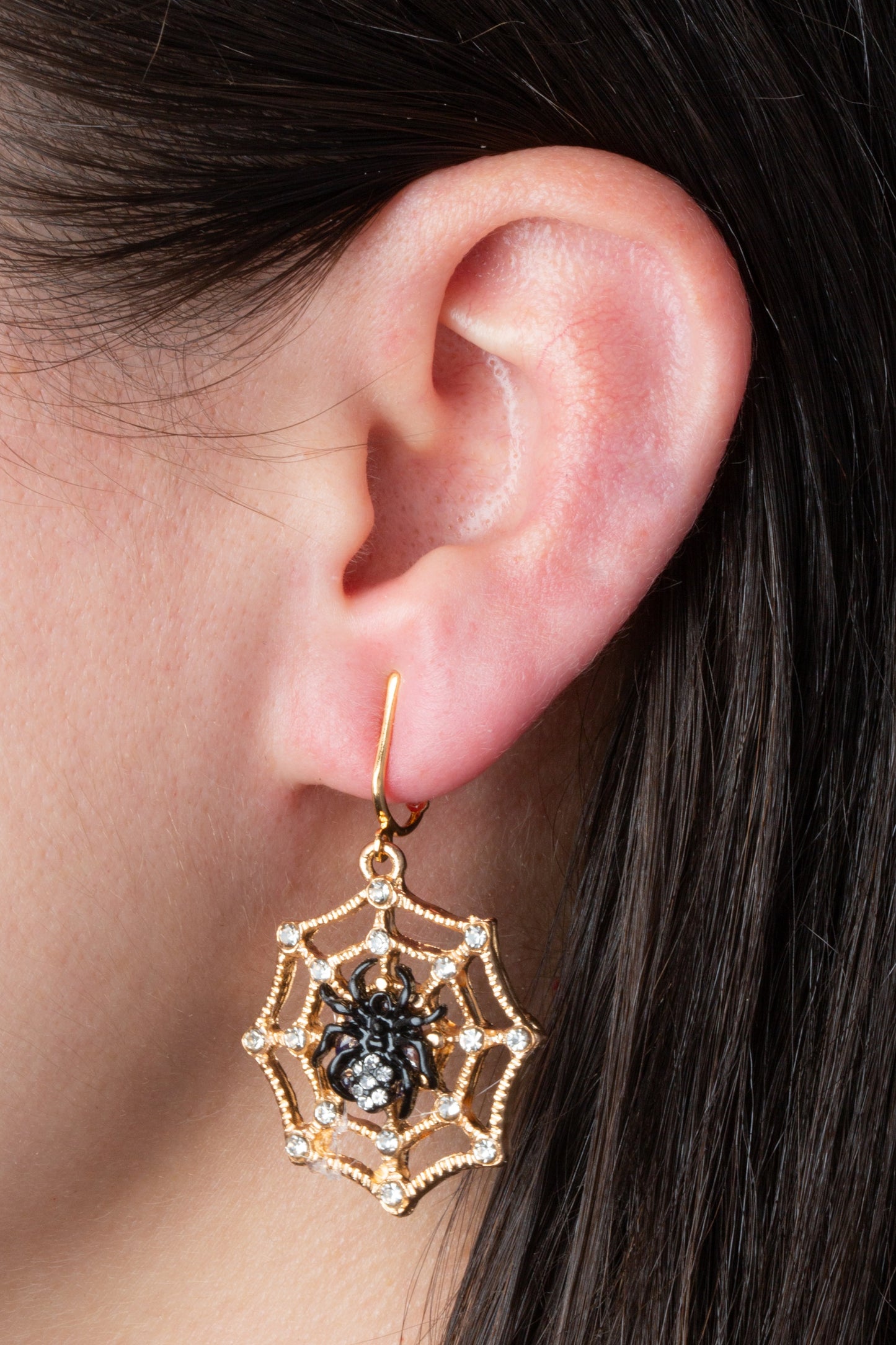 Black Spider on Crystal Spiderweb Gold Clip On Dangling Earrings