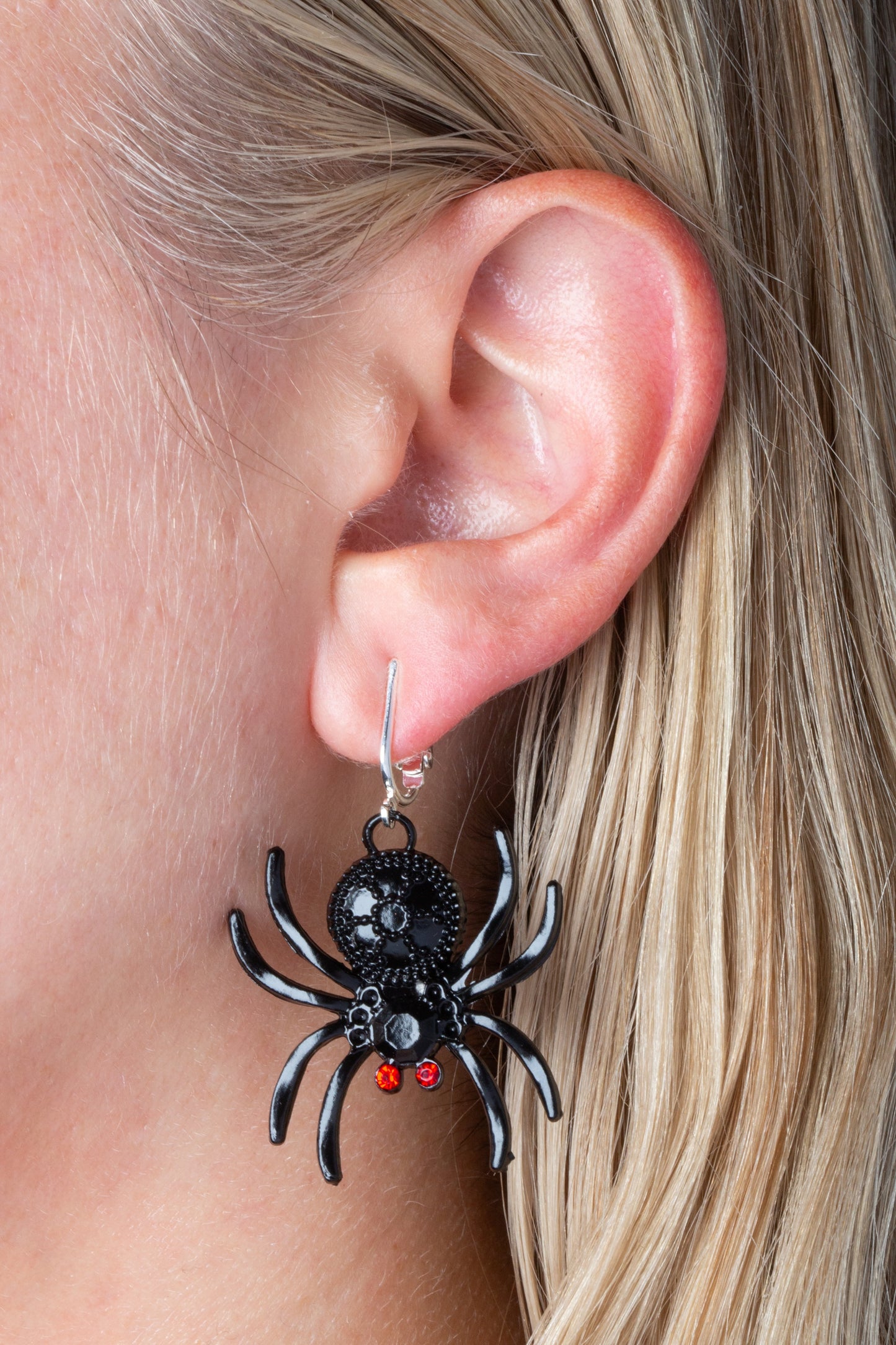 Black Spiders Silver Clip On Dangling Earrings