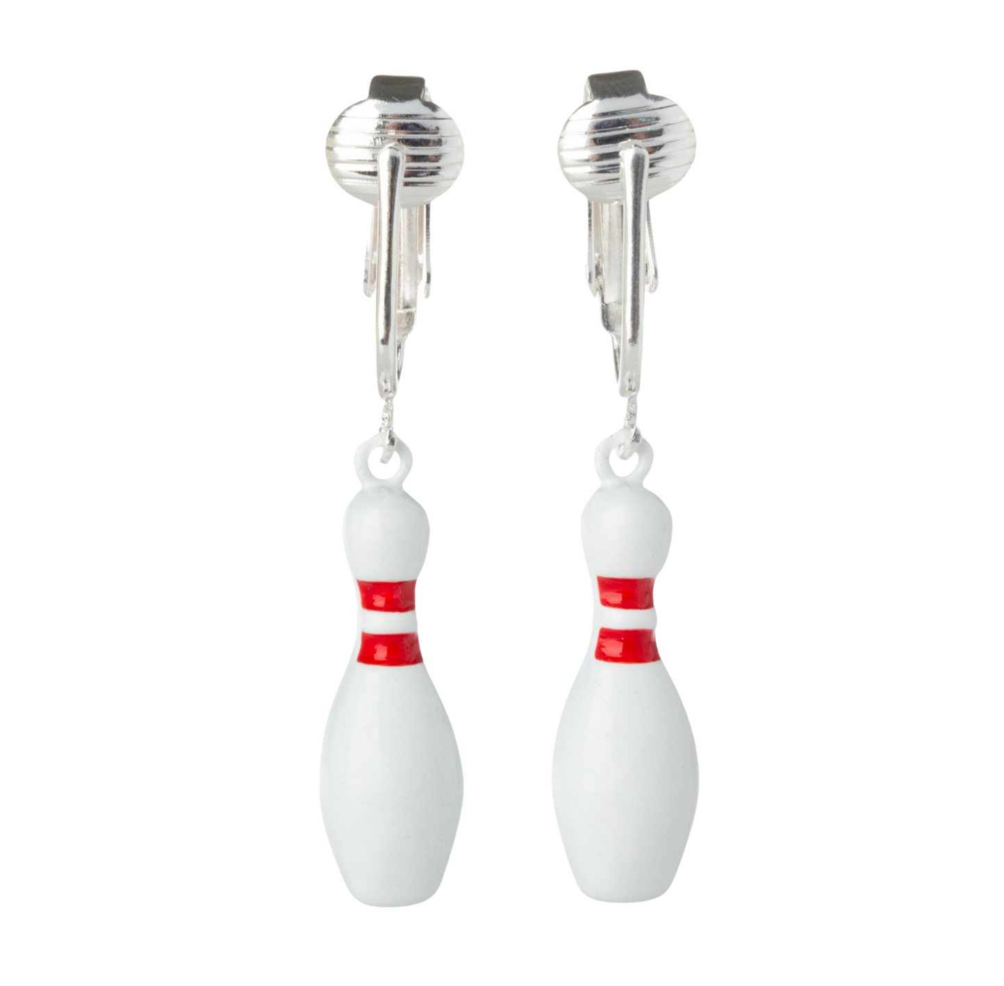Bowling Pin Silver Clip On Dangling Earrings
