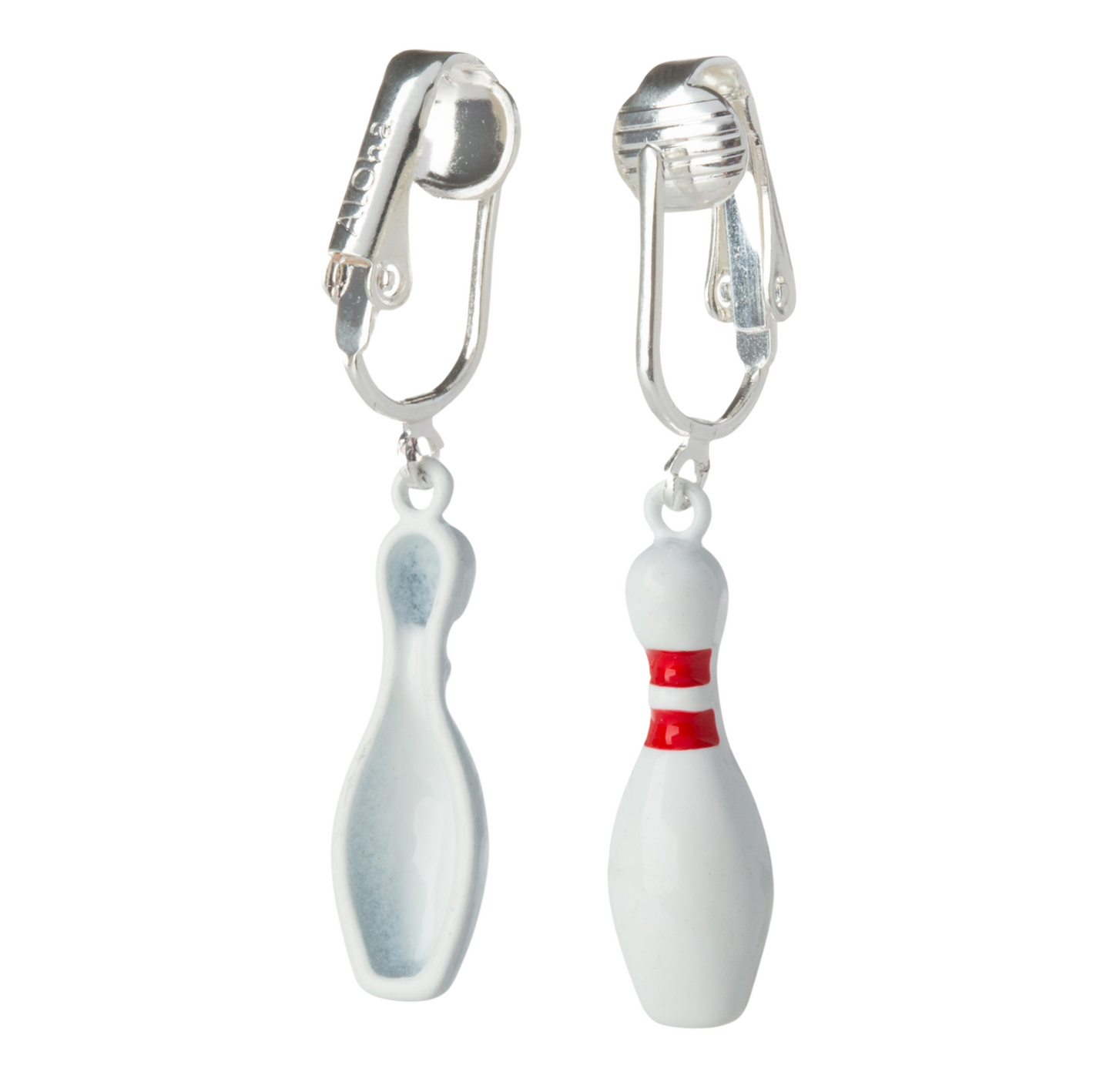 Bowling Pin Silver Clip On Dangling Earrings