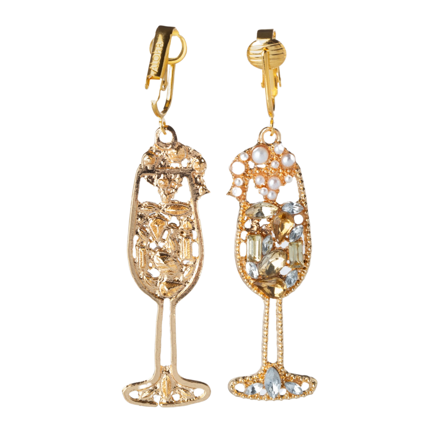 Gold Champagne Glasses Clip On Statement Dangling Earrings