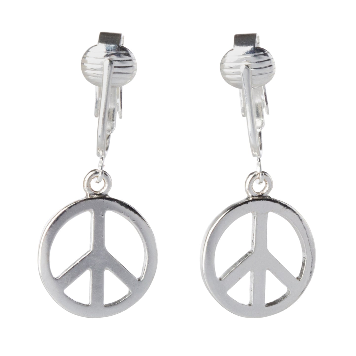 Silver Peace Sign Clip On Dangling Earrings