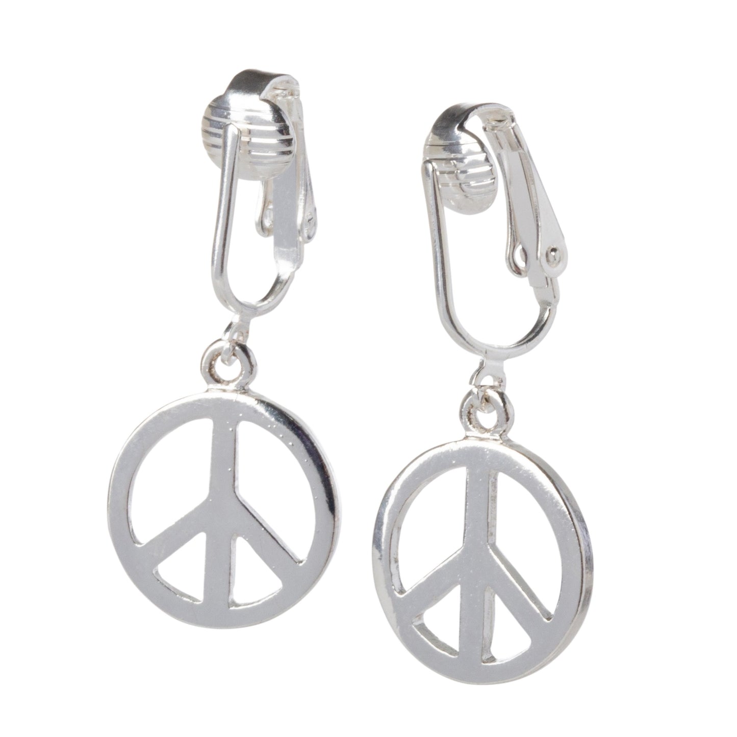 Silver Peace Sign Clip On Dangling Earrings