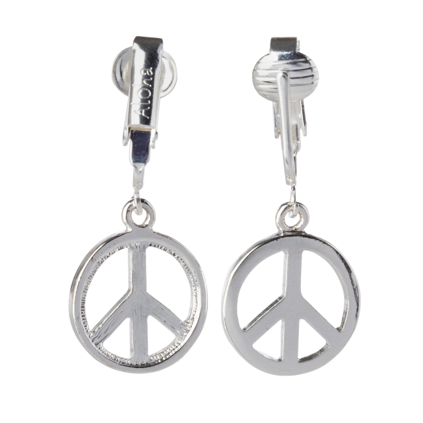 Silver Peace Sign Clip On Dangling Earrings