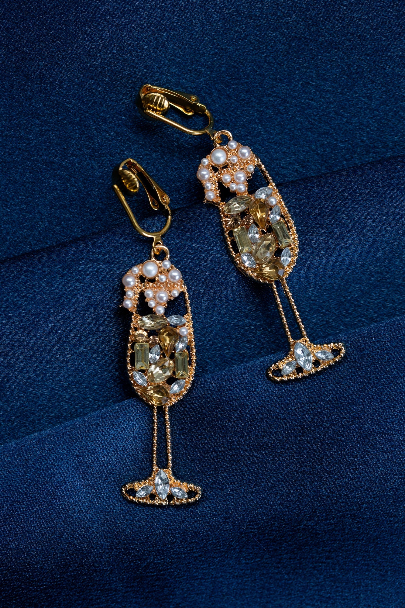 Gold Champagne Glasses Clip On Statement Dangling Earrings