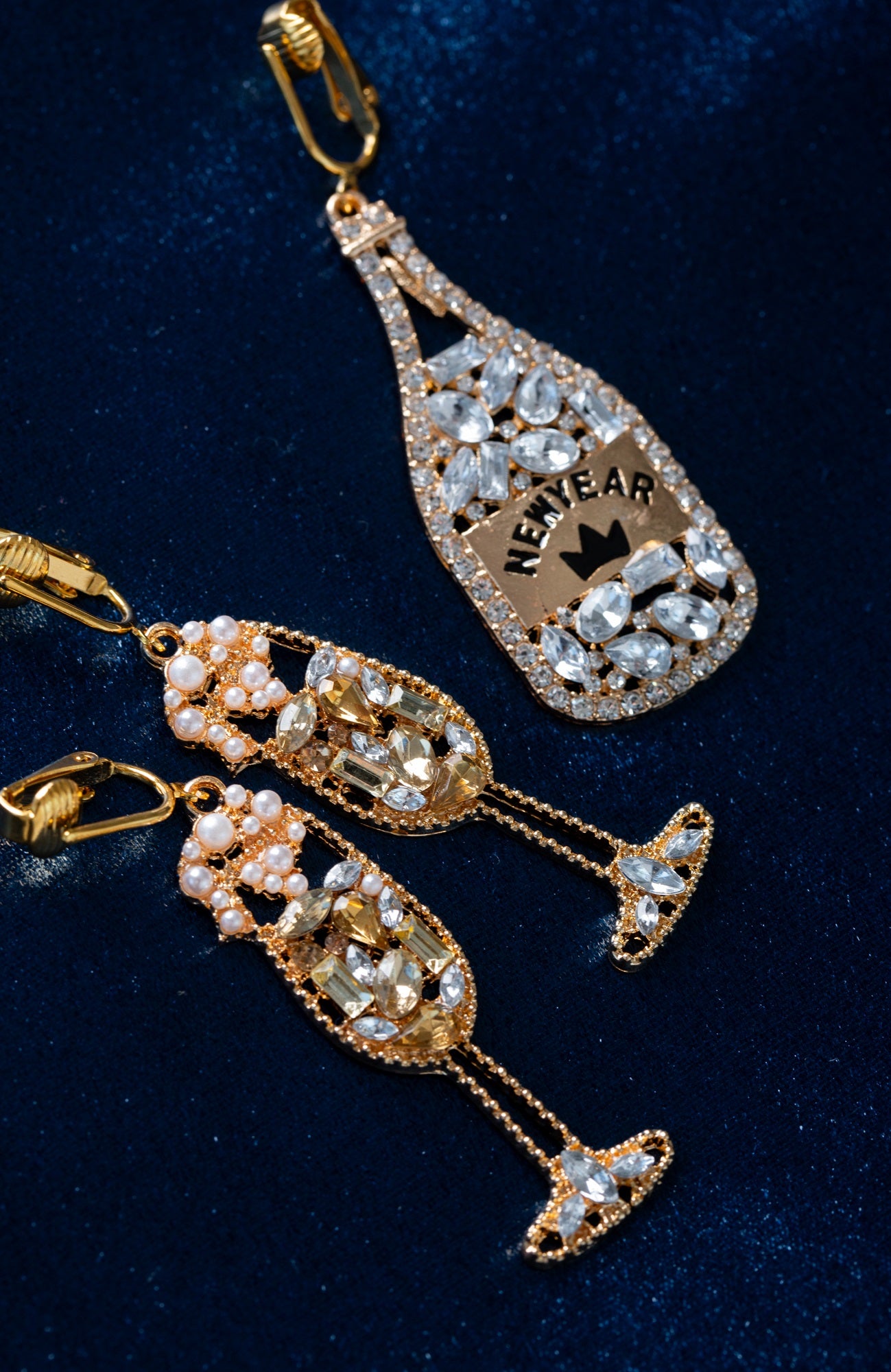 Gold Champagne Glasses Clip On Statement Dangling Earrings