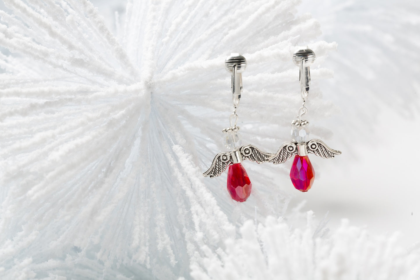 Red Crystal Angel Clip On Dangling Earrings