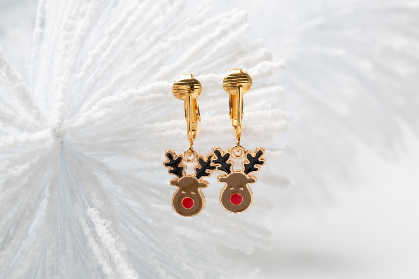 Red Nose Reindeer Clip On Dangling Earrings