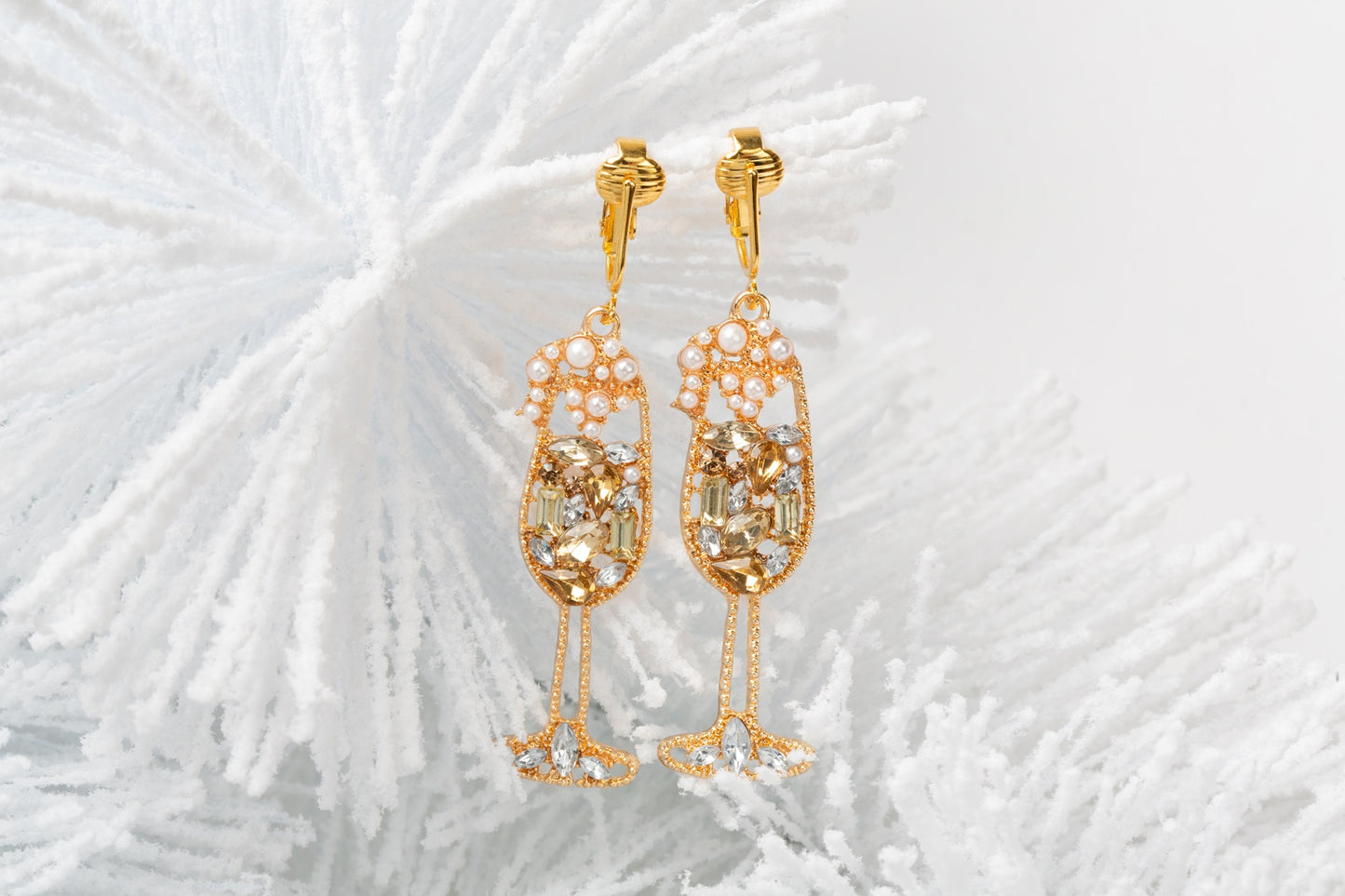 Gold Champagne Glasses Clip On Statement Dangling Earrings