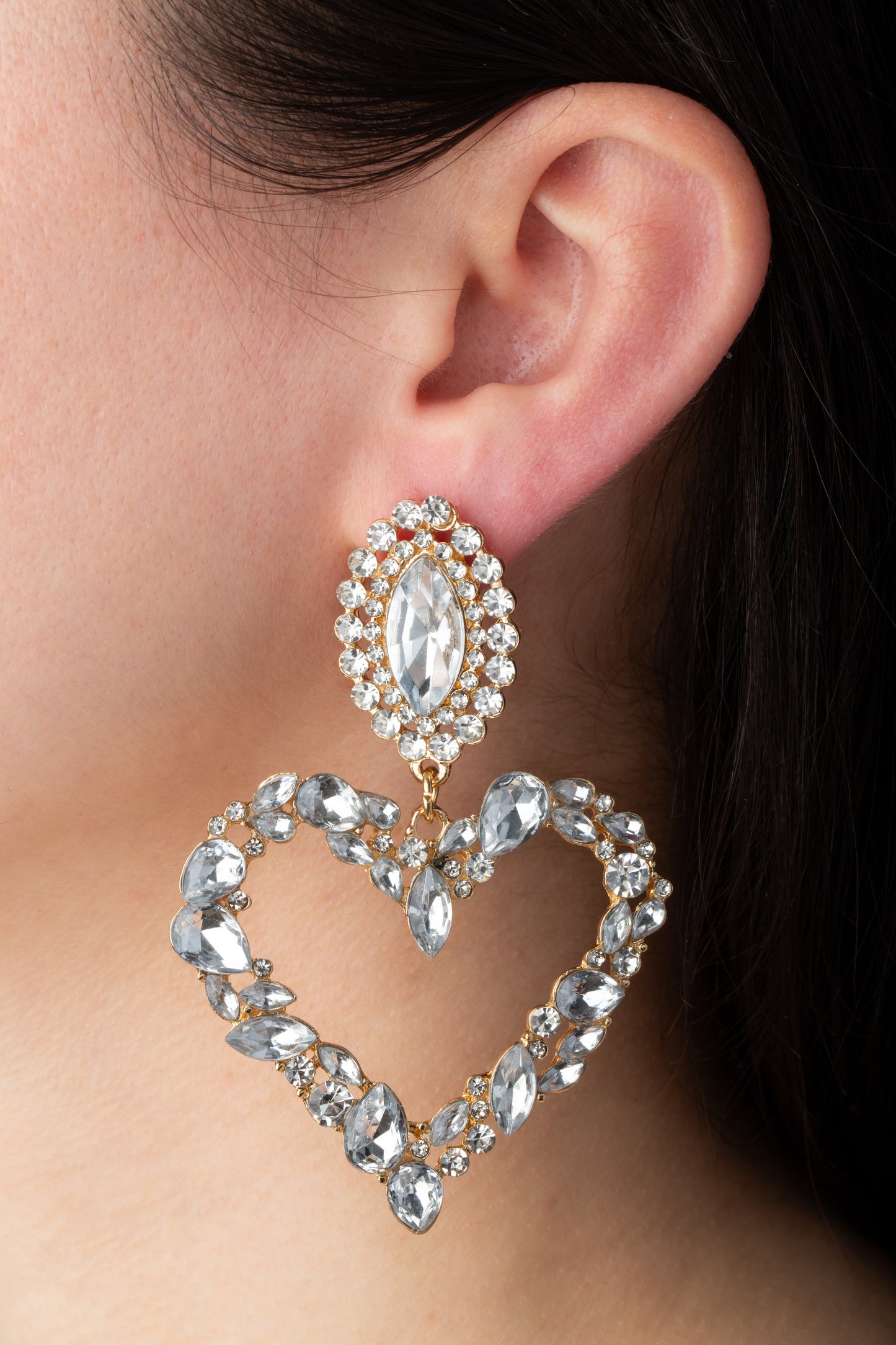 Gold Sparkling Crystal Heart Shaped Statement Clip On Dangling Earrings