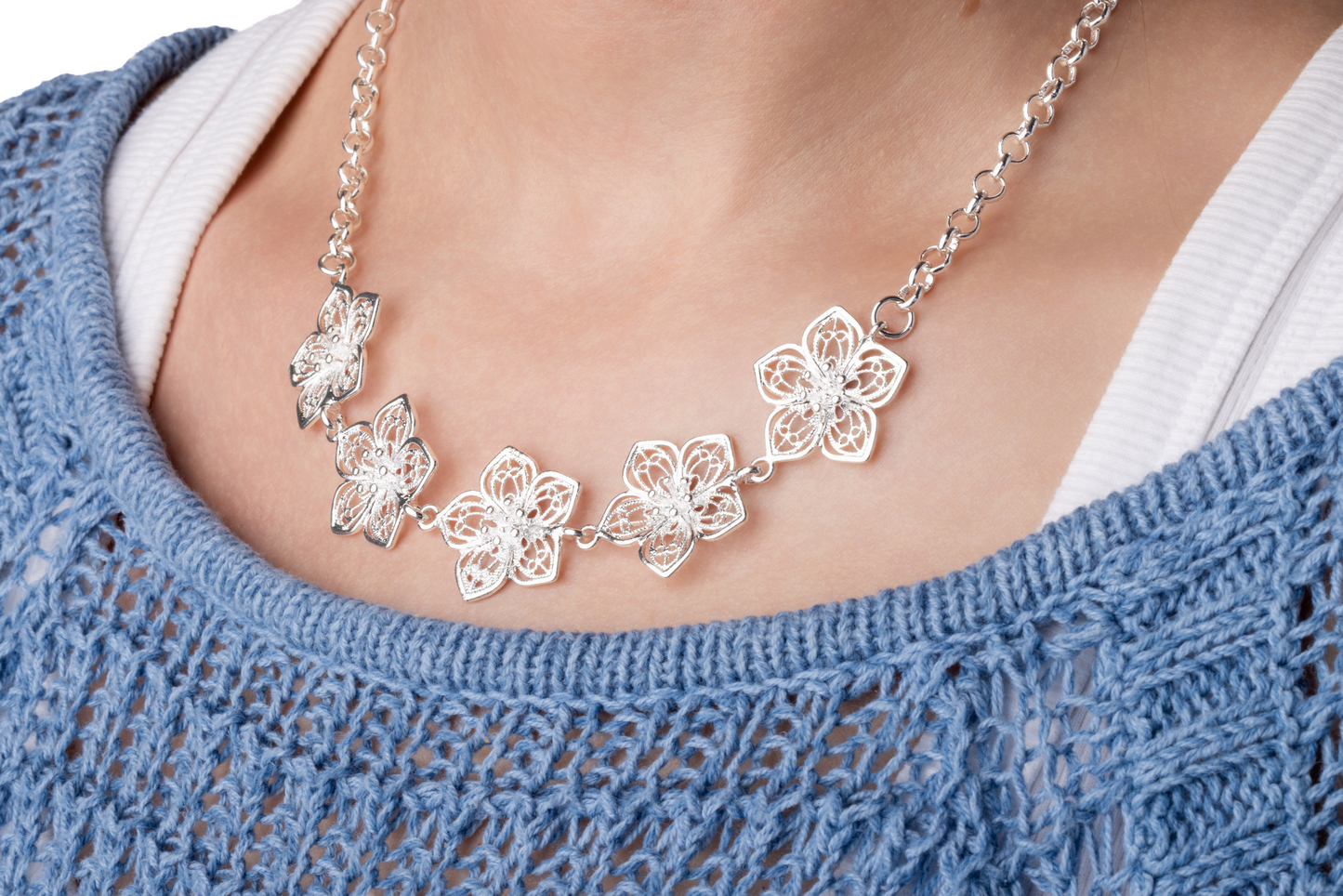 Silver Flower Clip On Dangling Earrings with Matching Necklace