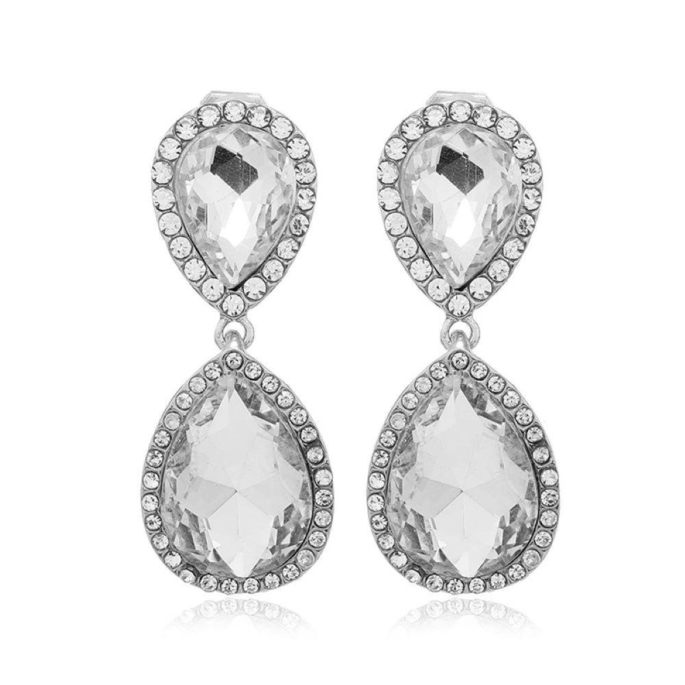 Silver Double Crystal Teardrops Clip On Dangling Earrings