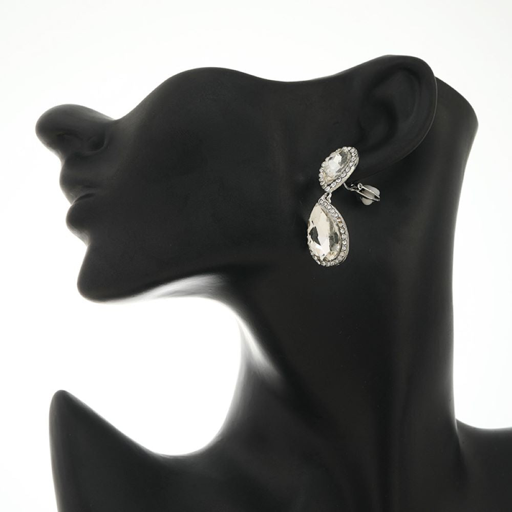 Silver Double Crystal Teardrops Clip On Dangling Earrings