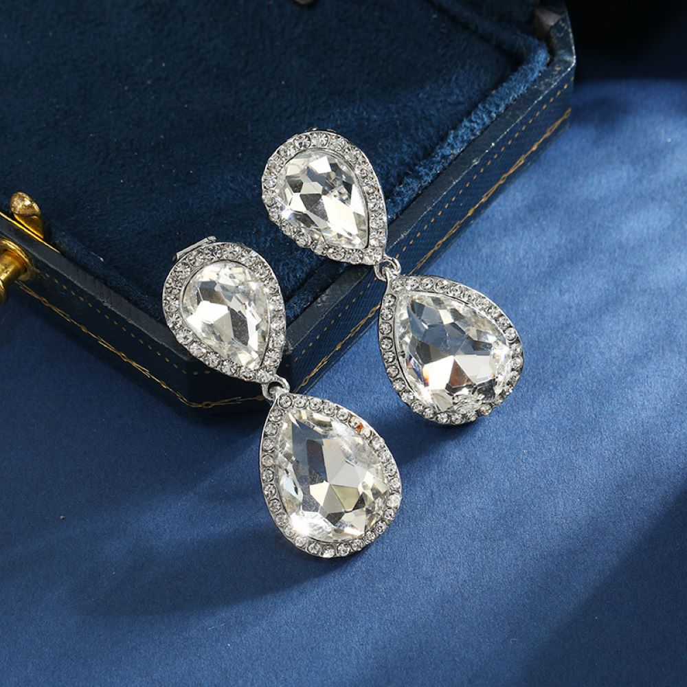 Silver Double Crystal Teardrops Clip On Dangling Earrings