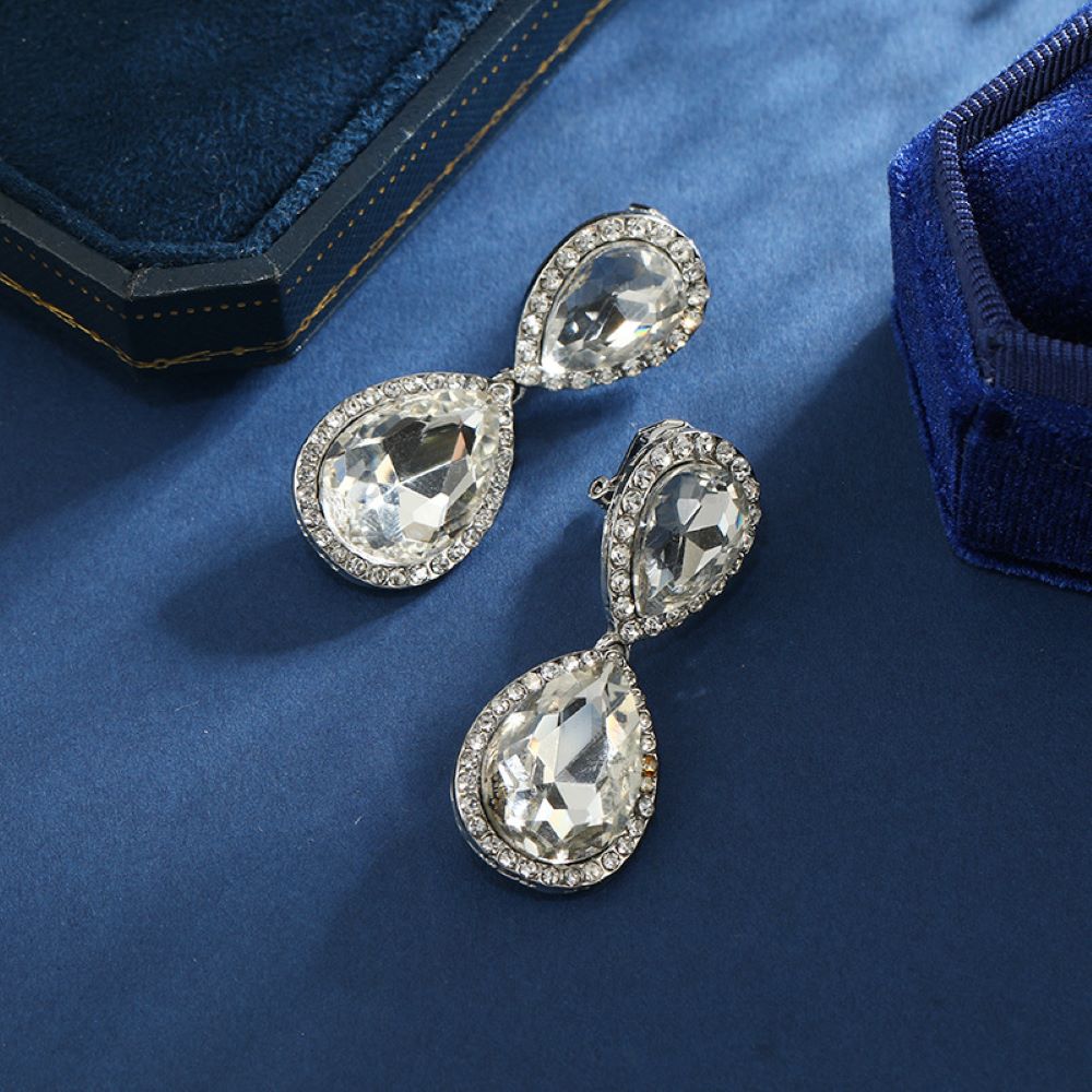 Silver Double Crystal Teardrops Clip On Dangling Earrings