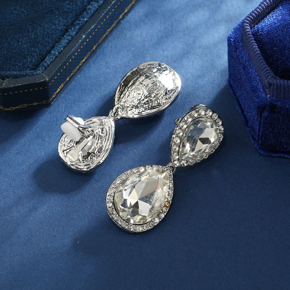 Silver Double Crystal Teardrops Clip On Dangling Earrings