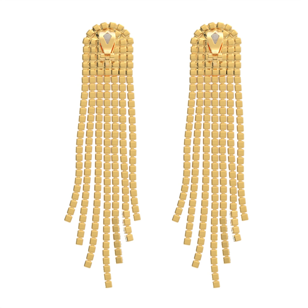 Gold Crystal Tassel Clip On Statement Dangling Earrings