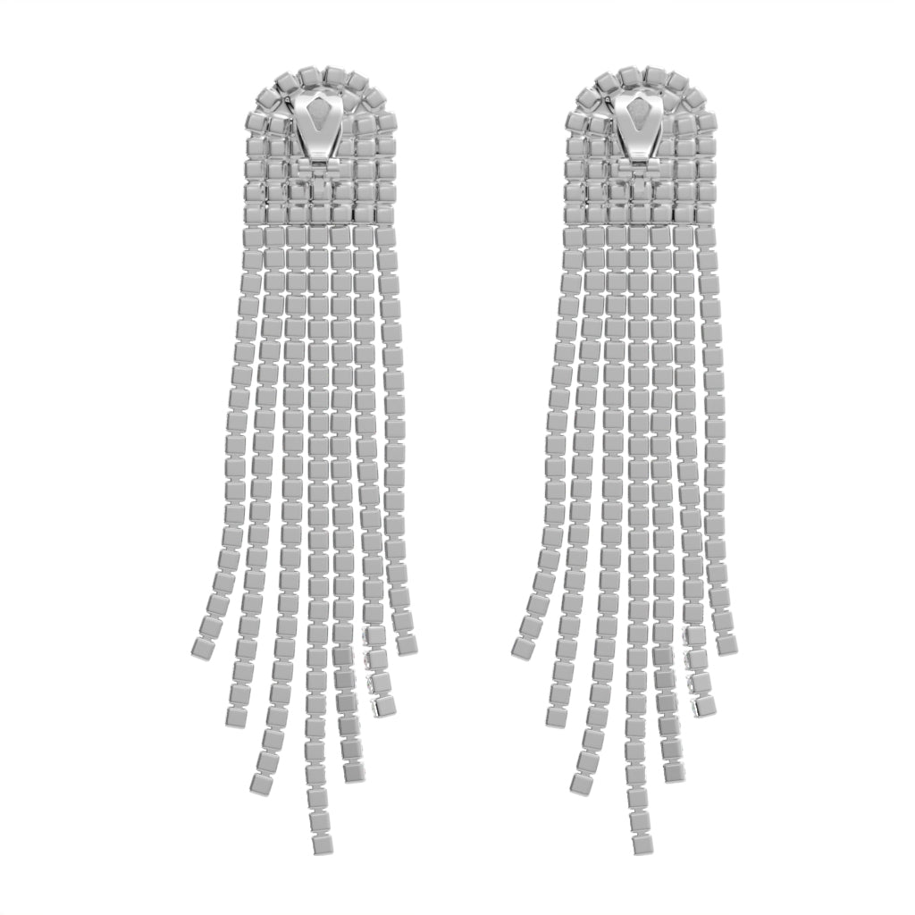 Silver Crystal Tassel Clip On Statement Dangling Earrings