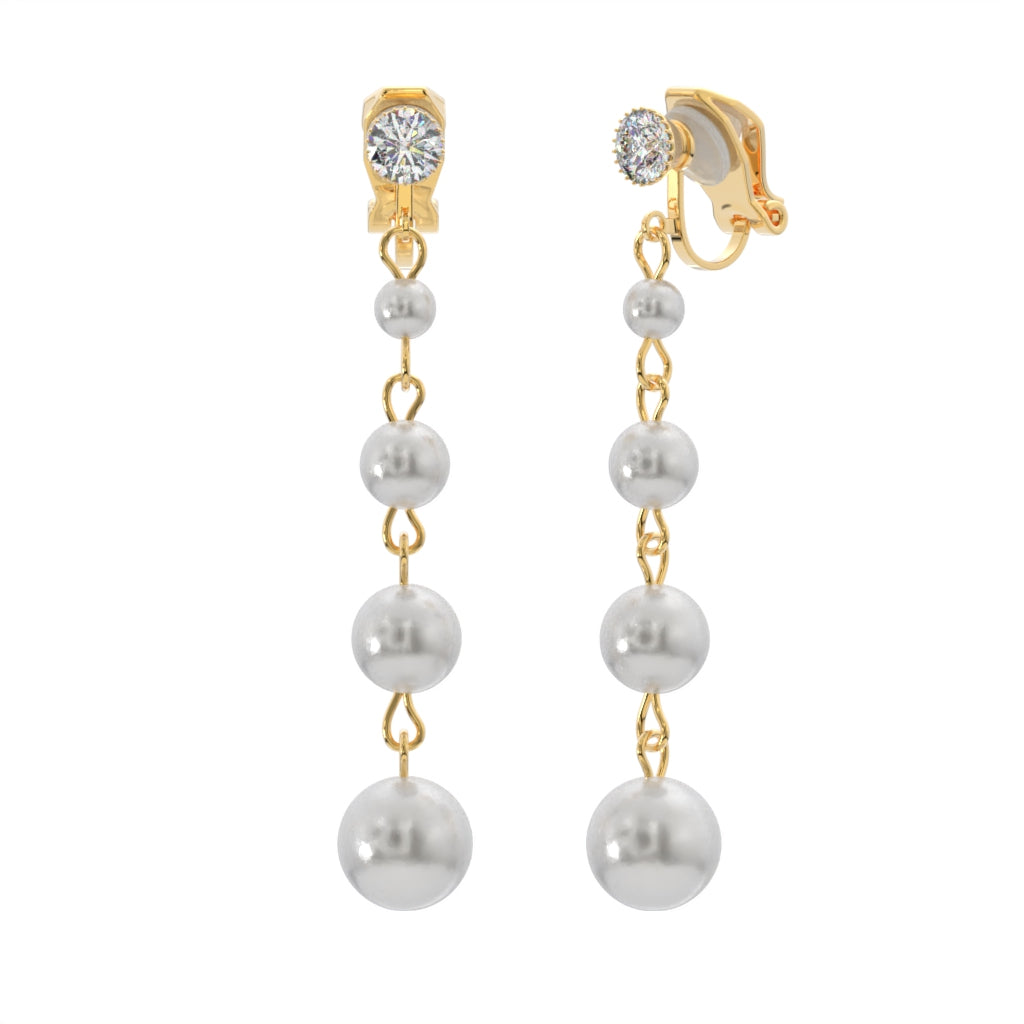 Gold Crystal with Simulated Pearl Drops Clip On Dangling Earrings