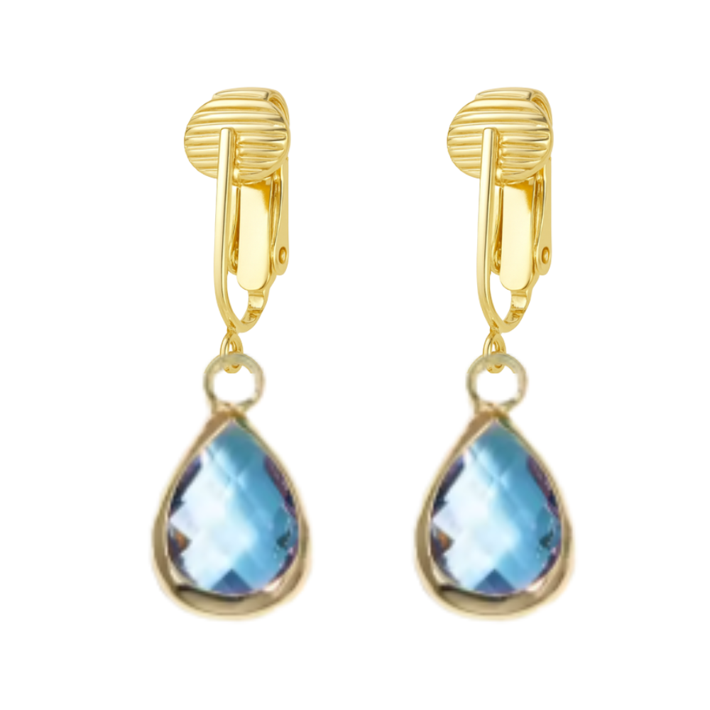 Gold Teardrop Birthstone Clip On Dangling Earrings