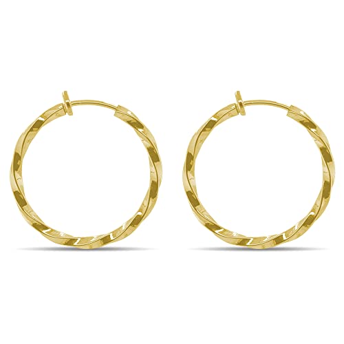 Gold Twisted Clip On Hoop Earrings - Gold-Tone Brass Spring Hoops for Non-Pierced Ears