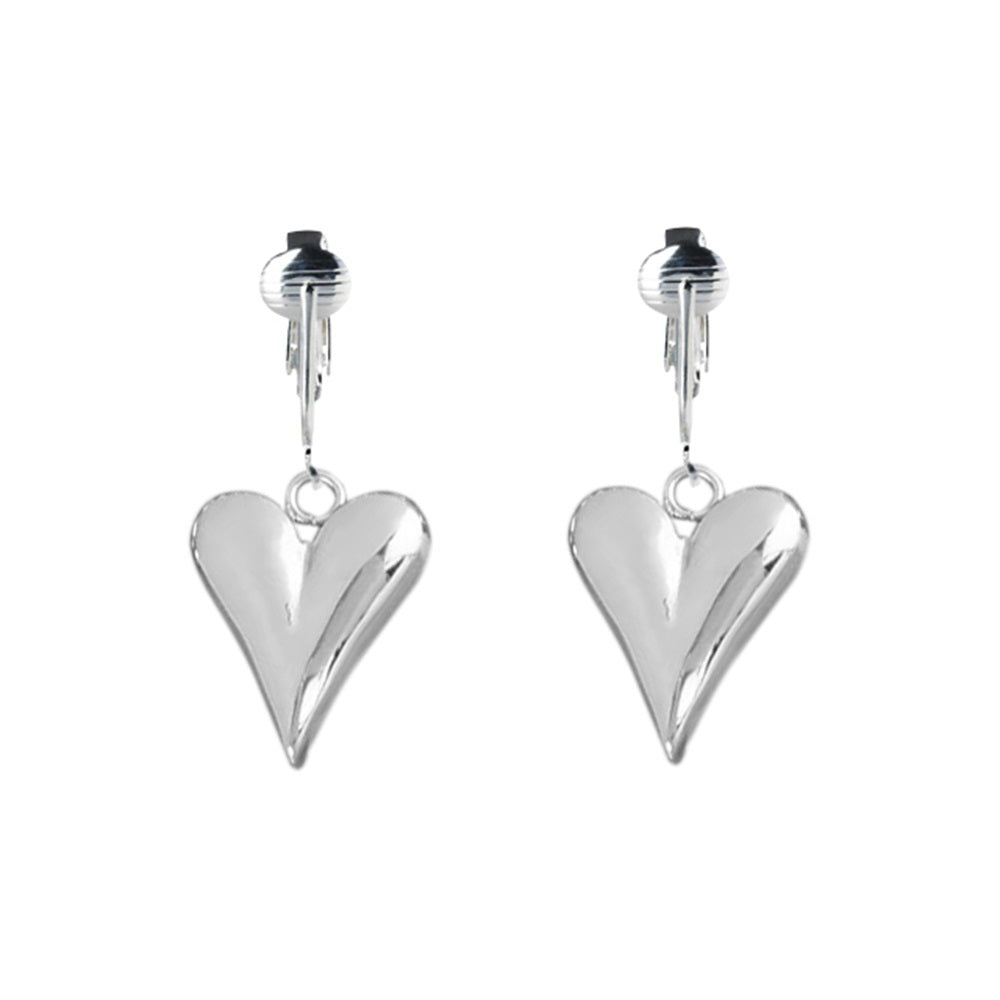 Silver 3D Heart Clip On Dangling Earrings