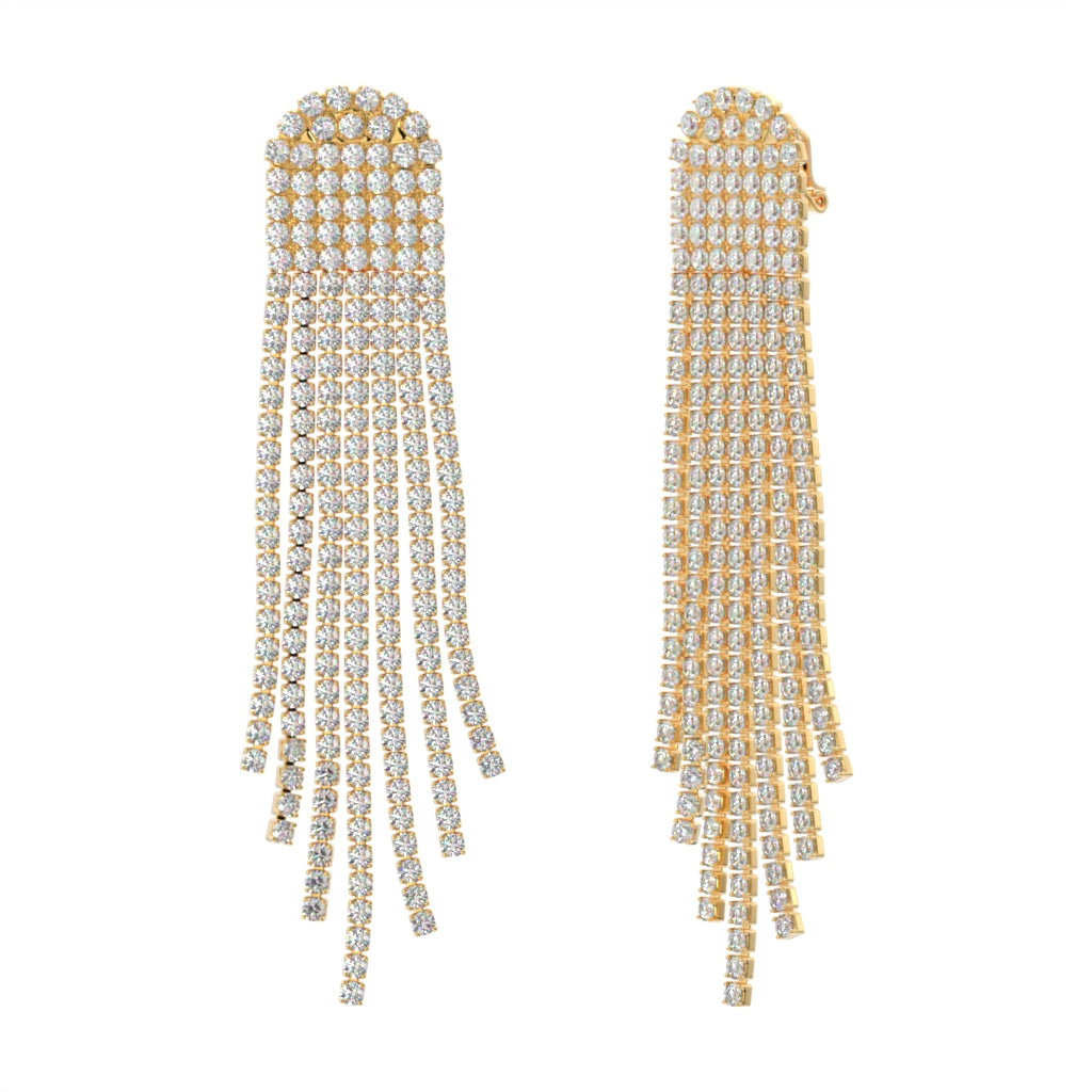 Gold Crystal Tassel Clip On Statement Dangling Earrings