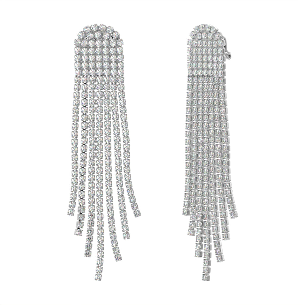 Silver Crystal Tassel Clip On Statement Dangling Earrings