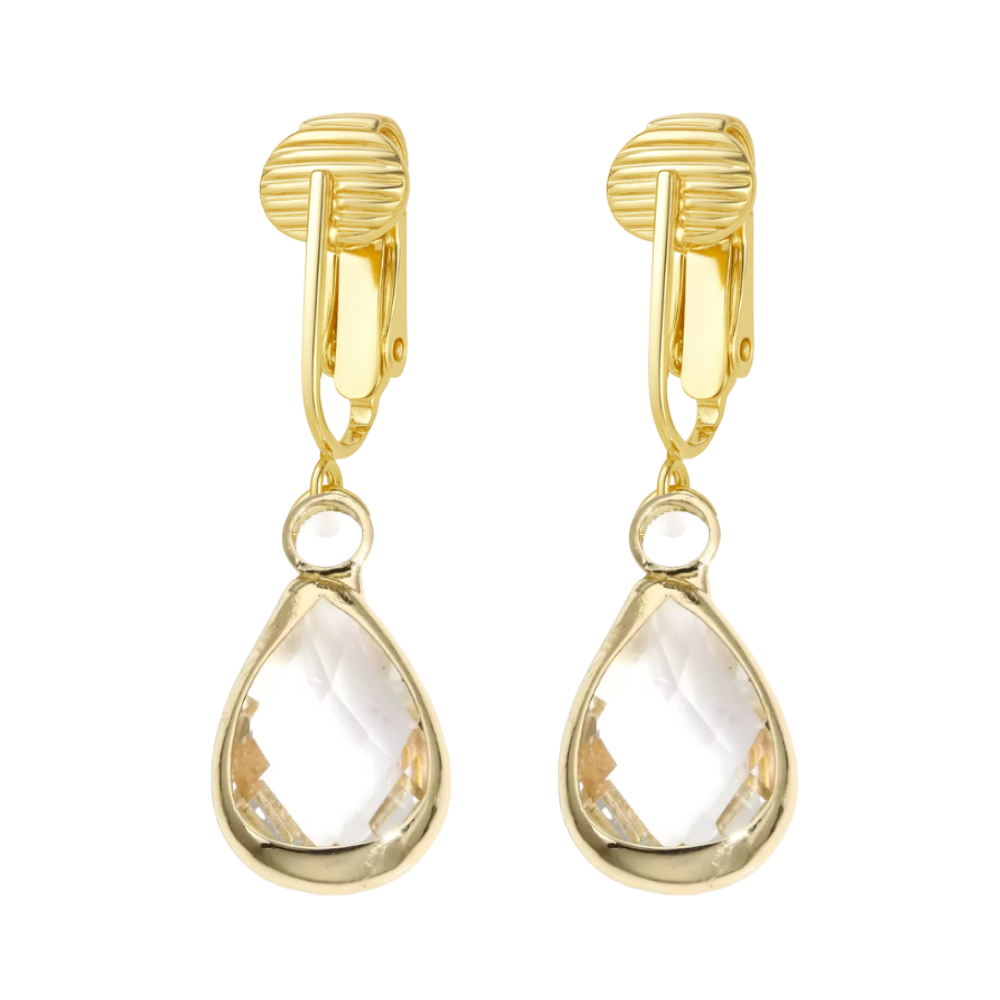 Gold Teardrop Birthstone Clip On Dangling Earrings