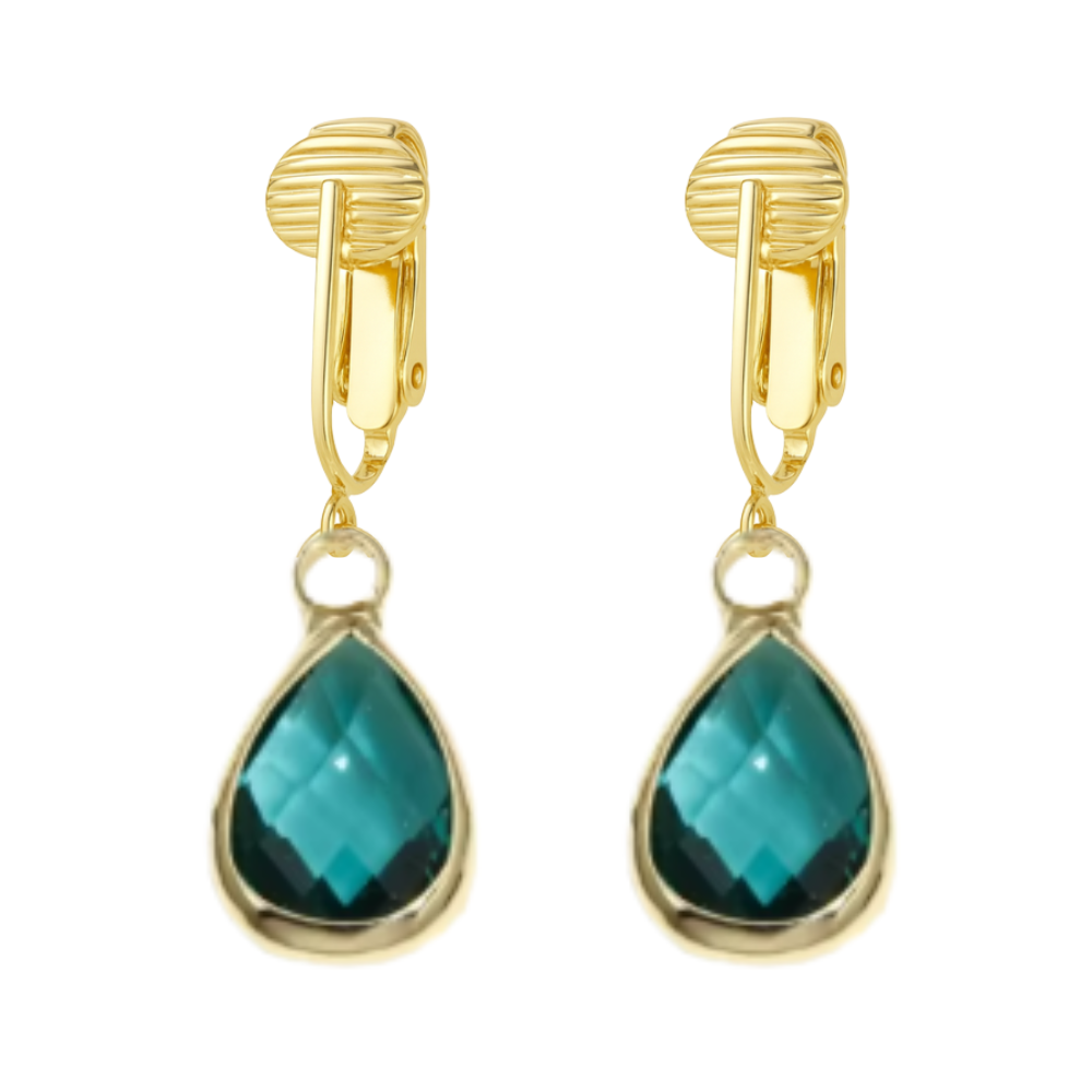 Gold Teardrop Birthstone Clip On Dangling Earrings