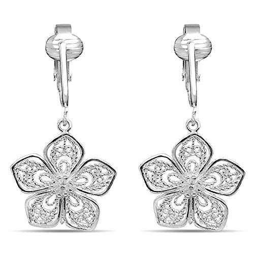 Silver Flower Clip On Earrings with Matching Necklace