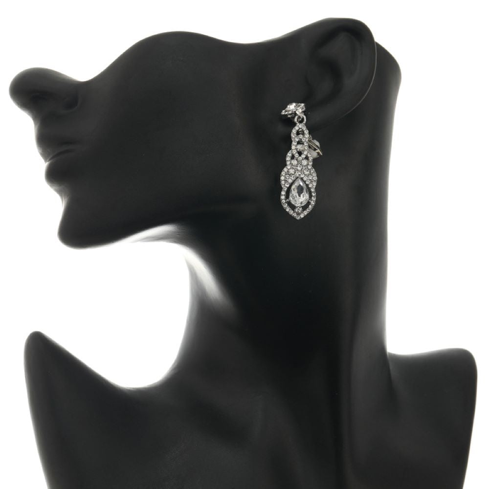 Silver Hollow Crystal Teardrops Clip On Dangling Earrings